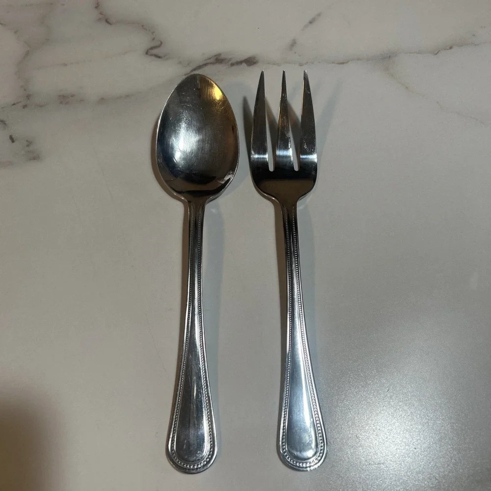 Gibson 18/0 Stainless Flatware‎ Glossy BEADED Pattern Serving Spoon, And Fork